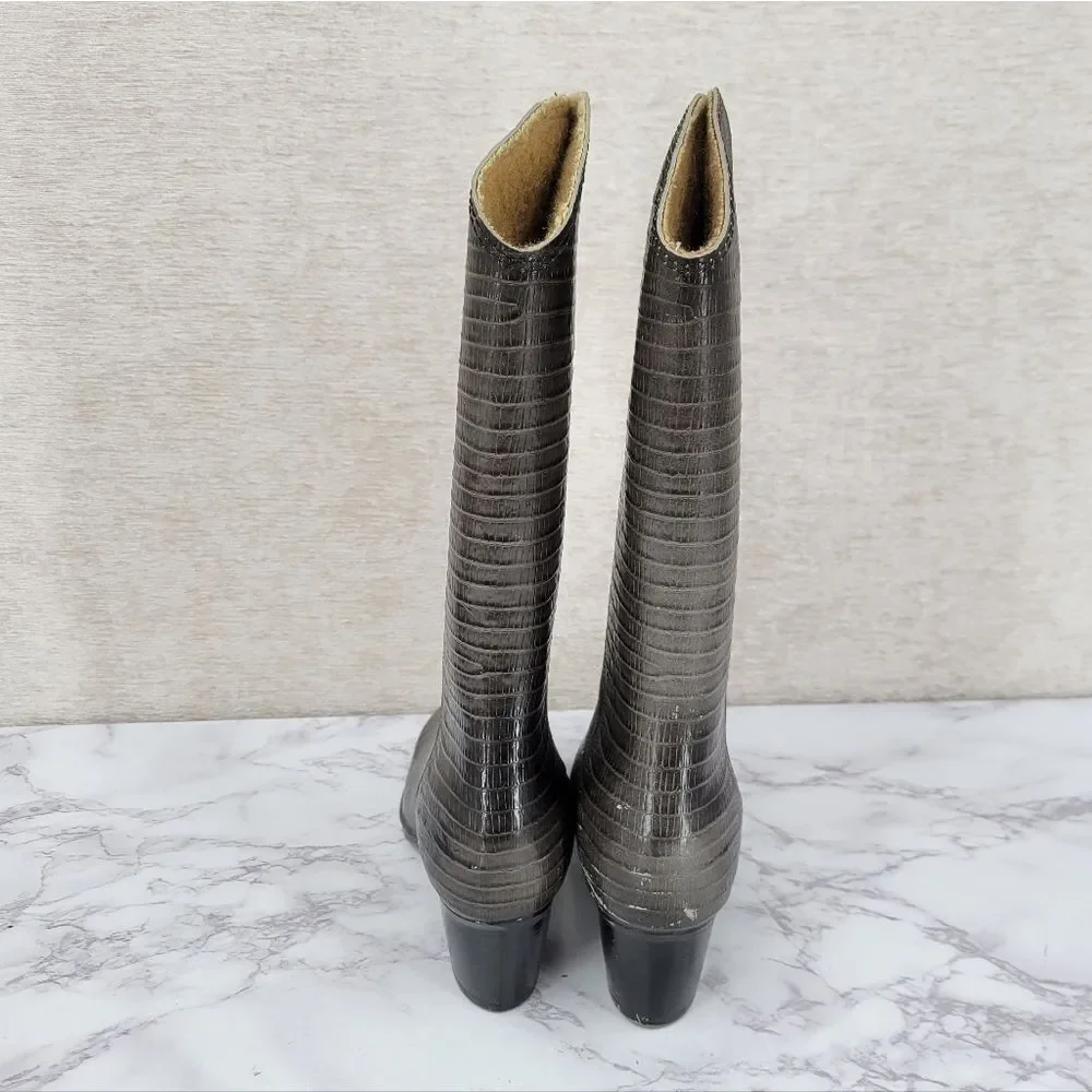 Andrew Geller Vintage Gray Lizard Embossed Heeled Rubber Rain Boots